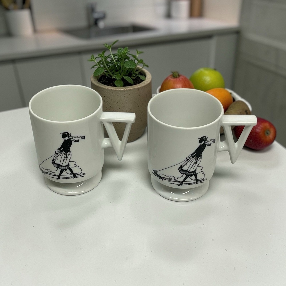 Unbranded Porcelain Coffee Pedestal Mugs Black And White French Lady Walking Dog